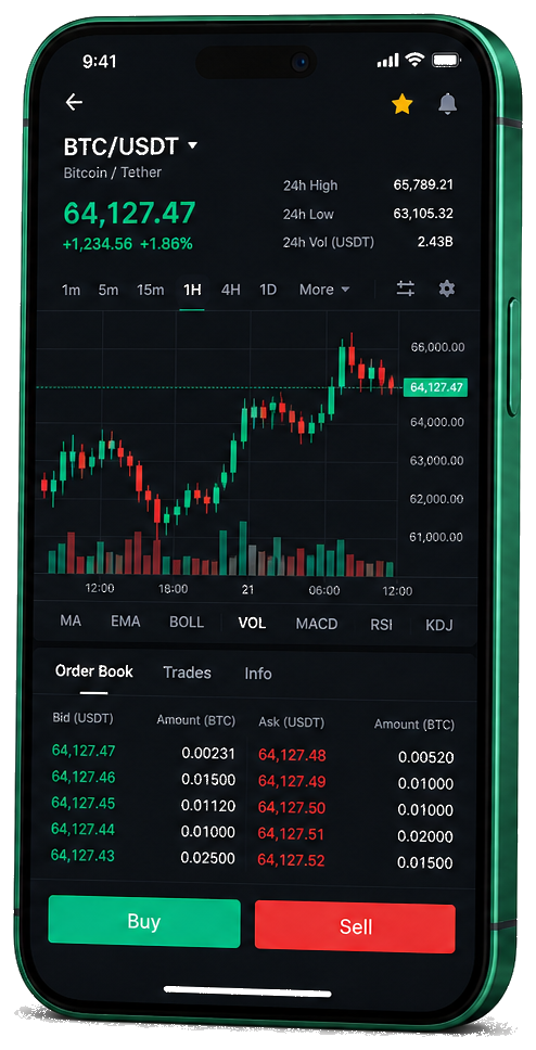 Luberon Skalmesse trading platform on mobile — live BTC/USDT chart, order book, and buy/sell interface